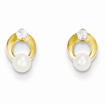 14k Yellow Gold CZ 3mm Freshwater Cultured Pearl Post Earrings