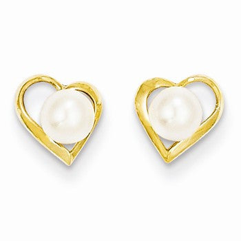 14k Yellow Gold 5mm Freshwater Cultured Pearl Heart Post Earrings