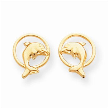 14k Yellow Gold Dolphin In Circle Earrings