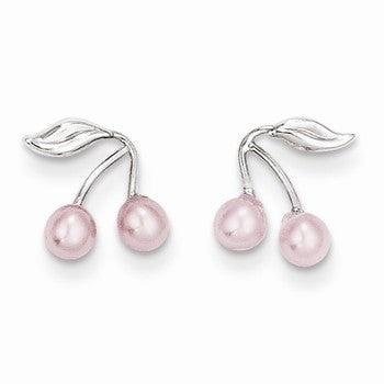 14k White Gold Pink Cultured Pearl with Leaf Earrings