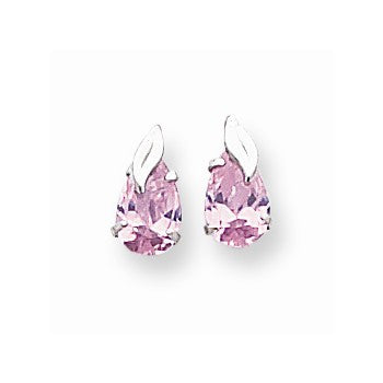 14k White Gold Pink Pear Shaped CZ with Leaf Post Earrings