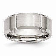 Stainless Steel Beveled Edge Grooved 8mm Polished & Brushed Wedding Band