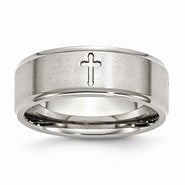 Stainless Steel Ridged Edge Cross 8mm Brushed and Polished Wedding Band