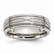 Stainless Steel Criss-cross Design 7mm Brushed Ridged Edge Wedding Band