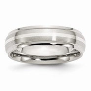 Stainless Steel Sterling Silver Inlay Ridged Edge 6mm Brushed and Polished, Size 9, Ring