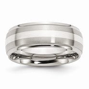 Stainless Steel Sterling Silver Inlay Ridged Edge 8mm Brushed and Polished, Size 13.5, Ring