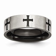 Stainless Steel 7mm Black IP-plated Crosses Polished & Brushed Wedding Band