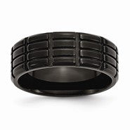 Stainless Steel 8mm Black IP-plated Grooved & Brushed Wedding Band