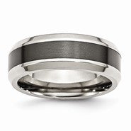 Stainless Steel Base with Polished Black Ceramic Center Beveled Wedding Band