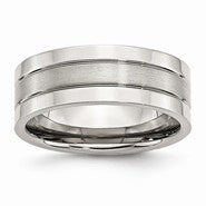 Stainless Steel Grooved 8mm Satin and Polished Wedding Band