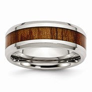 Stainless Steel Polished Red & Orange Wood Enameled 7.8mm Ring