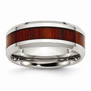 Stainless Steel Polished Red Wood Inlay Enameled 7.8mm Ring