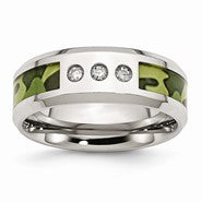 Stainless Steel Polished Camoflauge Diamond 8mm Wedding Band