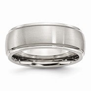 Stainless Steel Ridged Edge 8mm Brushed and Polished Wedding Band