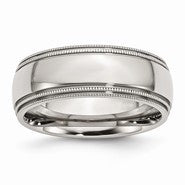 Stainless Steel Grooved and Beaded 8mm Polished Wedding Band