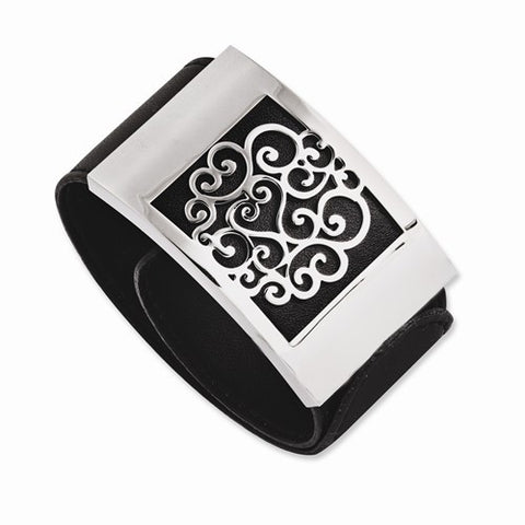 Stainless Steel Black Leatherette with Polished Scroll Wrap Bracelet