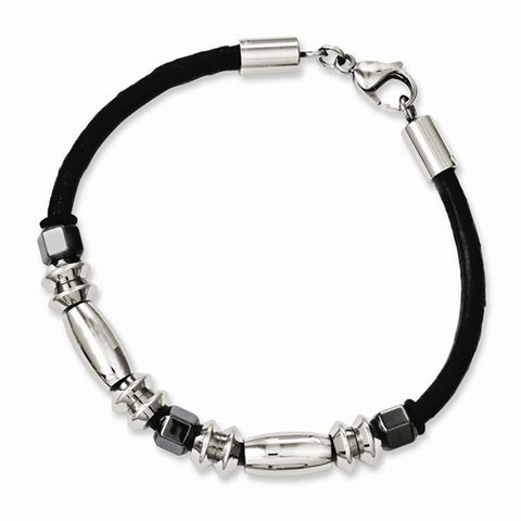 Stainless Steel Leather Polished & Hematite Beads Bracelet