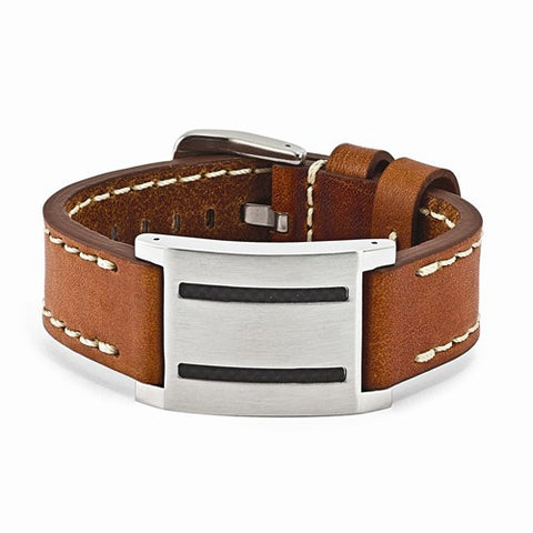 Stainless Steel Brown Leather with Carbon Fiber Buckle Bracelet