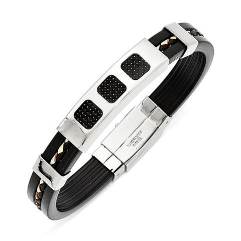 Stainless Steel Black Rubber with Carbon Fiber & Leather Bracelet