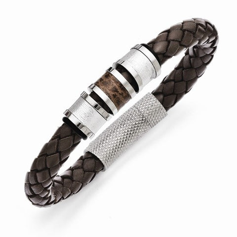 Stainless Steel Polished Brown Leather Black Rubber Bracelet