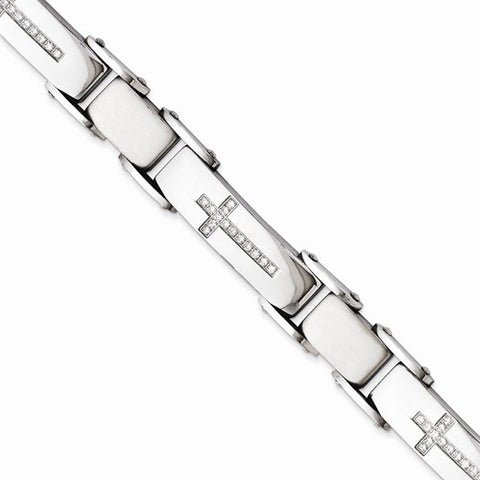 Stainless Steel Polished and Brushed Cz Cross Bracelet