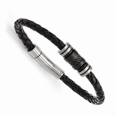 Stainless Steel Polished Brushed Ip-Plated Black Leather Rubber Bracelet