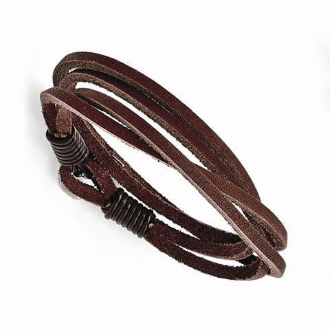 Stainless Steel Polished Reddish Brown Leather Wrap Bracelet