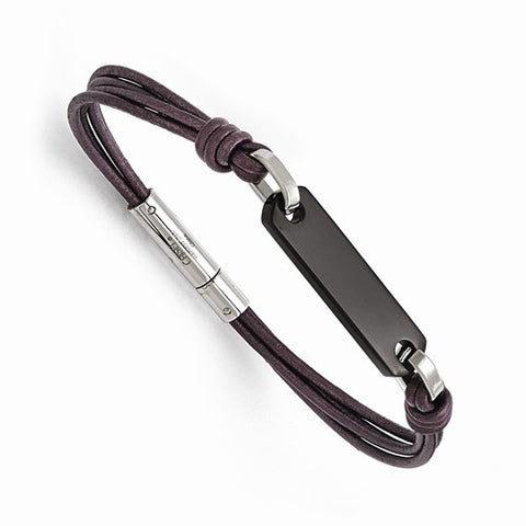 Stainless Steel Polished Black Ip-Plated Id and Purple Leather Bracelet