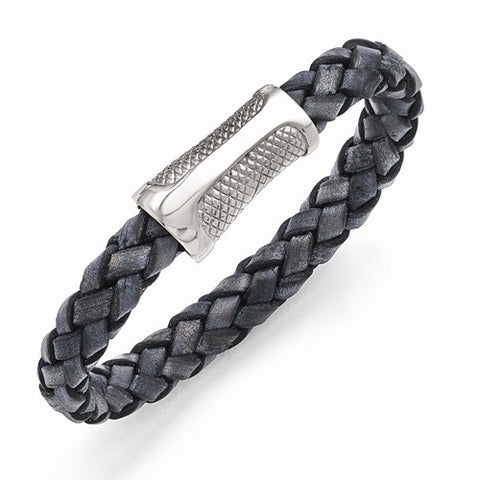 Stainless Steel Polished Textured and Denim Blue Woven Leather Bracelet