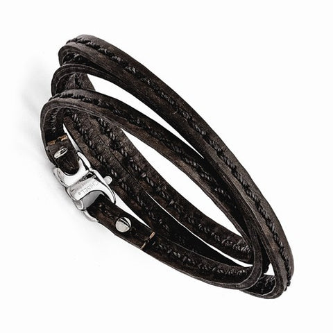 Stainless Steel Polished Dark Brown Leather Wrap Bracelet