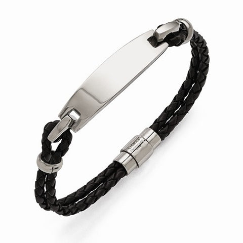 Stainless Steel Polished Id and Black Woven Leather Bracelet