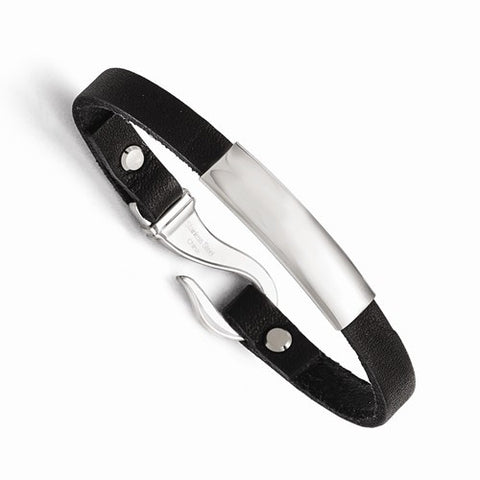 Stainless Steel Polished Id and Black Leather Bracelet