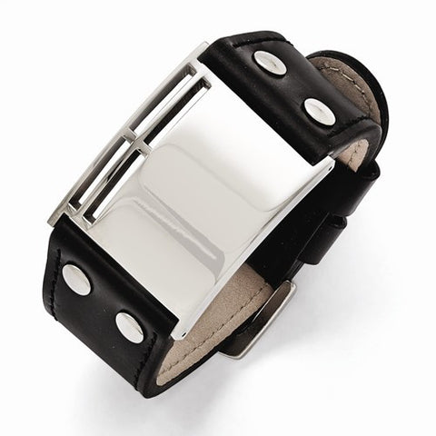 Stainless Steel Polished Black Leather Buckle Bracelet