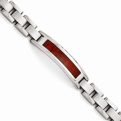 Stainless Steel Polished Brushed Red Wood Inlay Enameled Bracelet