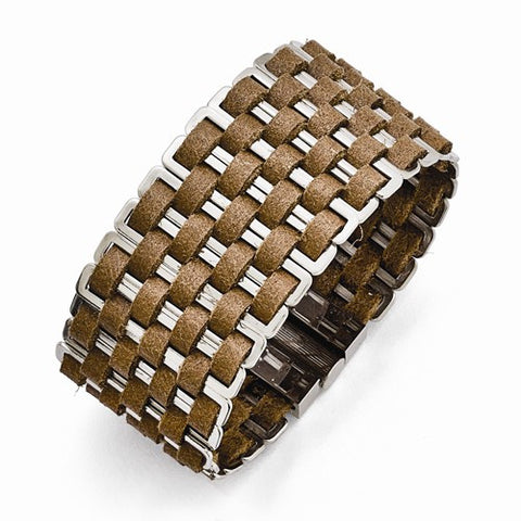 Stainless Steel Polished Woven Brown Leather Bracelet