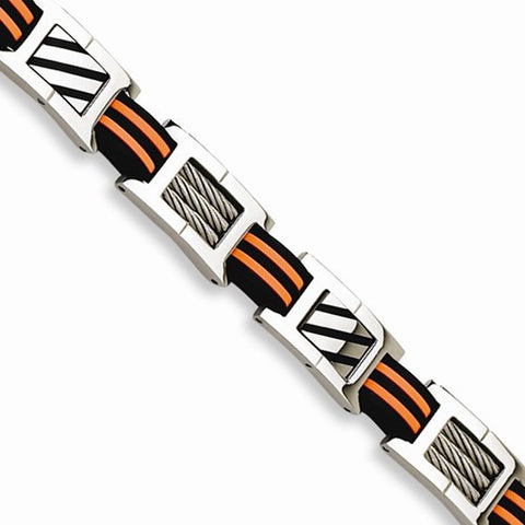 Stainless Steel Cable Accent Black and Orange Rubber Bracelet