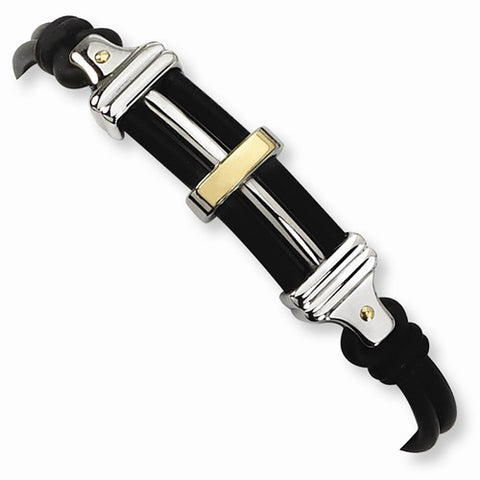 Stainless Steel Black Rubber and Leather 18K Gold Accent Bracelet