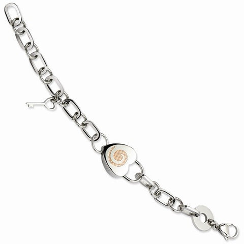 Stainless Steel Open Link with Heart & Rose Ip-Plated Bracelet