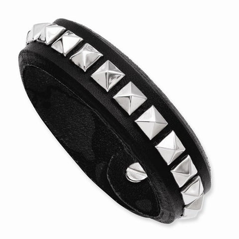 Stainless Steel Black Leather with Studs Adjustable Bracelet