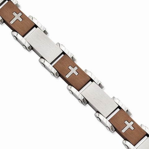 Stainless Steel Chocolate Ip-Plated Laser Cut Crosses Bracelet