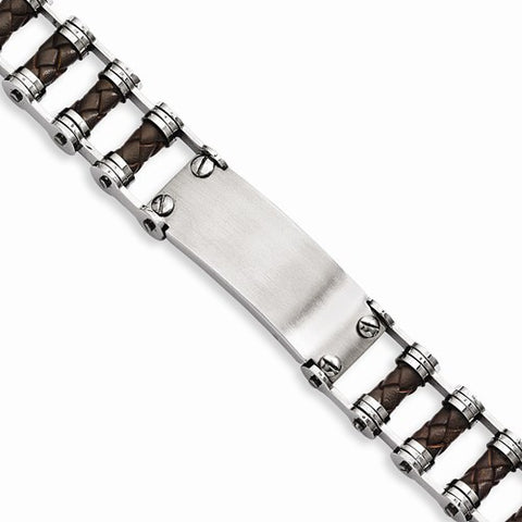 Stainless Steel Brown Leather with Id Plate Bracelet