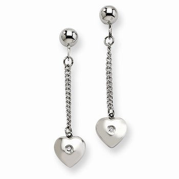 Stainle Steel Polished Heart w/ CZ Post Dangle Earrings