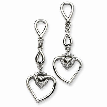 Stainle Steel Heart w/CZ Heart Post Dangle Earrings