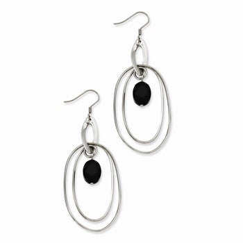 Stainle Steel Multiple Circles with Black Glass Dangle Earrings