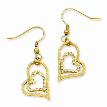 Stainle Steel Yellow IP-plated Laser-cut Heart w/CZs Dangle Earrings