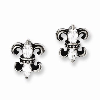 Stainle Steel Antiqued Fleur de lis with CZ Post Earrings