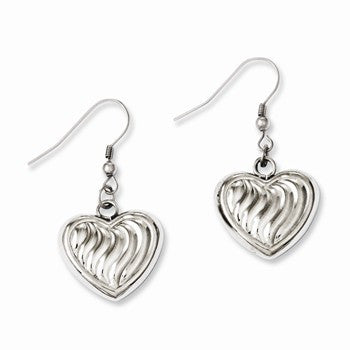 Stainle Steel Polished w/Swirl Design Puff Hearts Dangle Earrings