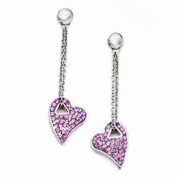 Stainle Steel Light Purple Crystal Post Dangle Heart Earrings