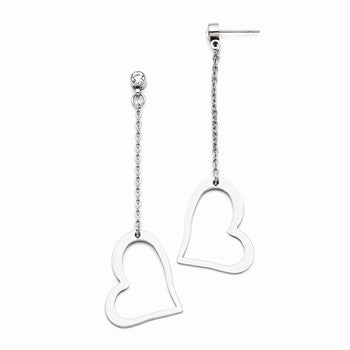 Stainle Steel Polished Heart & Crystal Post Dangle Earrings