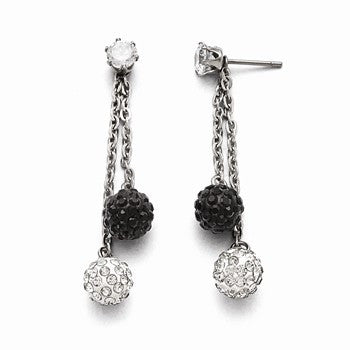 Stainle Steel Polished Black & White Crystal Post Dangle Earrings